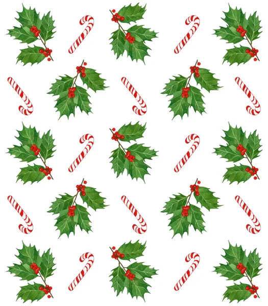 Watercolor Christmas print.hand drawn elements. holly berries and leaves,candy canes. — Stock Photo, Image