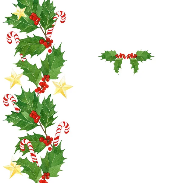 Tarjeta de navidad acuarela con bayas y hojas de acebo, bastones de caramelo, estrellas doradas . — Foto de Stock