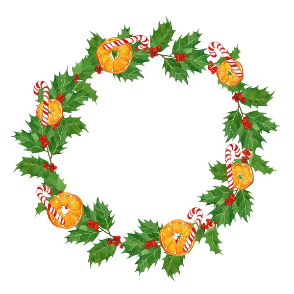 Corona de acuarela de Navidad con naranjas, bastones de caramelo, bayas de acebo y hojas sobre fondo blanco ilustración dibujada a mano . —  Fotos de Stock