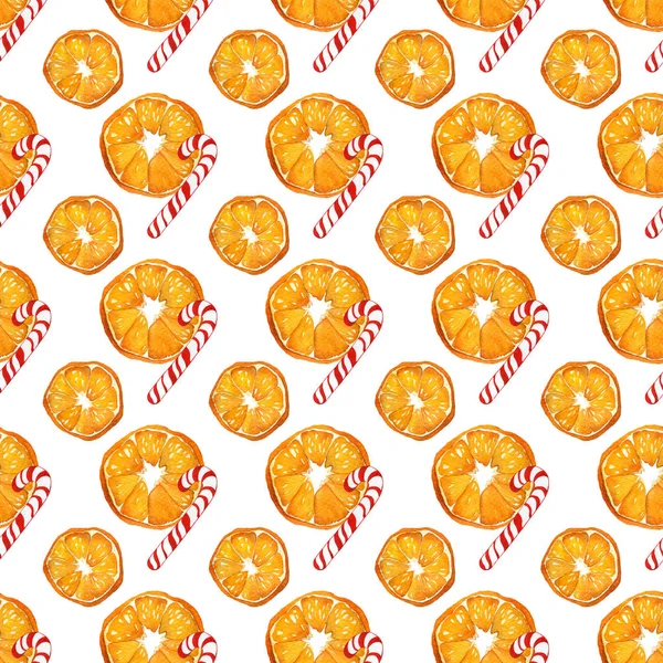 Christmas seamless pattern with oranges and candy canes on white background. watercolor holiday illustration. — Stock Photo, Image