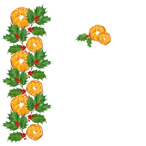 Christmas watercolor illustration. greeting card with holly branches and oranges. — Stock Photo, Image