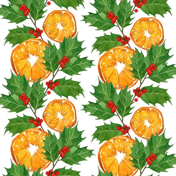 Akvarell jul handritad print. Holly bär och blad, apelsiner. Holiday illustration. — Stockfoto