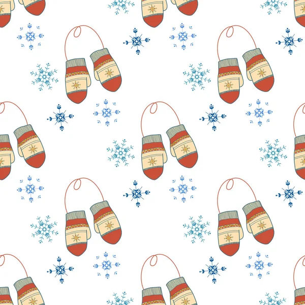 Winter boho seamless pattern with geometric snowflakes and mittens isolated on white background. season design for print,wrapping paper. — Stock Vector