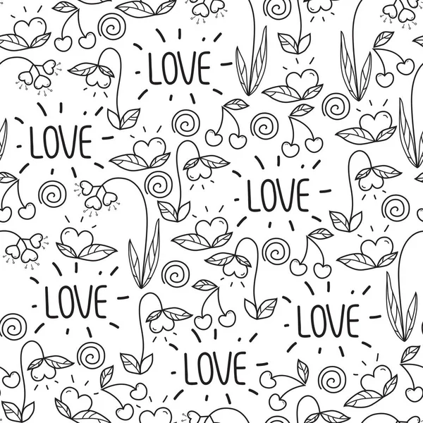 Nahtlose Valentinstag-Muster im Doodle-Stil isoliert auf weißem Hintergrund. Vektorelemente: Herzen, Blätter, Kirsche, Blumen und Schriftzug. — Stockvektor