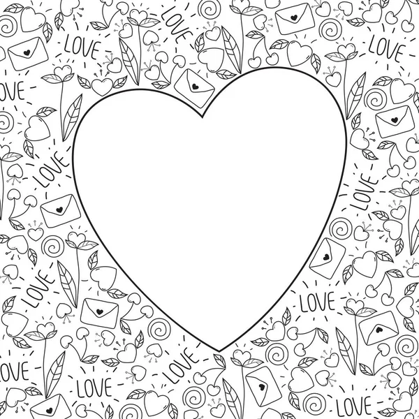 Glückliche Valentinstag Grußkarte Doodle. Vektor-Liebessymbole. Handgezeichnete Illustration in schwarz-weiß. — Stockvektor