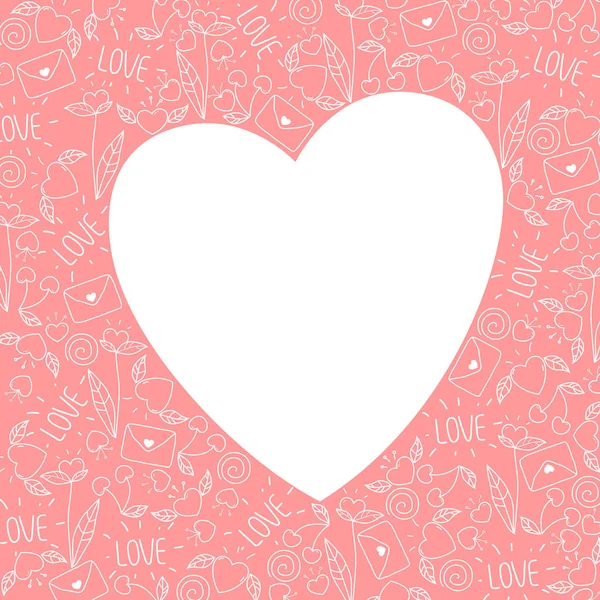 Felice biglietto di auguri per San Valentino. vettoriale amore simboli in stile doodle. illustrazione disegnata a mano in colori rosa e bianco . — Vettoriale Stock