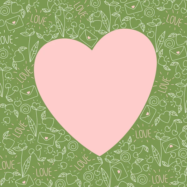 Glückliche Valentinstag-Grußkarte. Vektor-Liebessymbole im Doodle-Stil. Handgezeichnete Illustration in rosa und grünen Farben. — Stockvektor