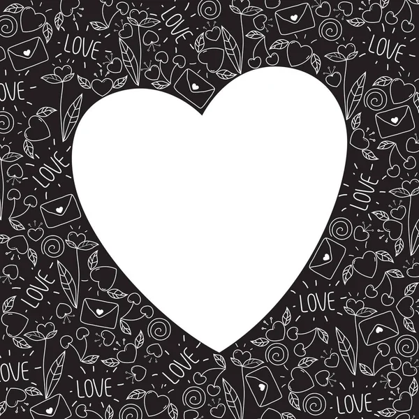 Herzrahmen aus gekritzelten Valentin-Elementen in schwarz und weiß. — Stockvektor