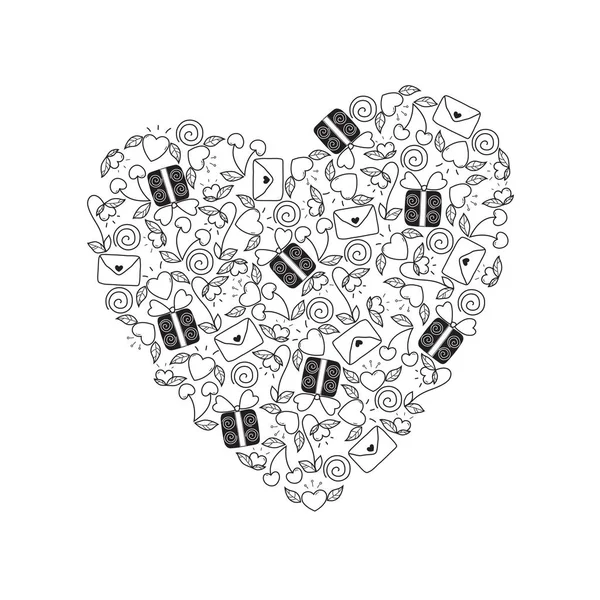 Feliz dia dos namorados modelo saudação doodle card. coração vetorial com flores, folhas, cereja, envelopes, presentes . — Vetor de Stock