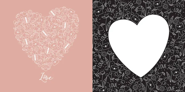Glückliche Valentinstag-Grußkarten im Doodle-Stil in schwarz-weiß oder rosa-weiß. — Stockvektor