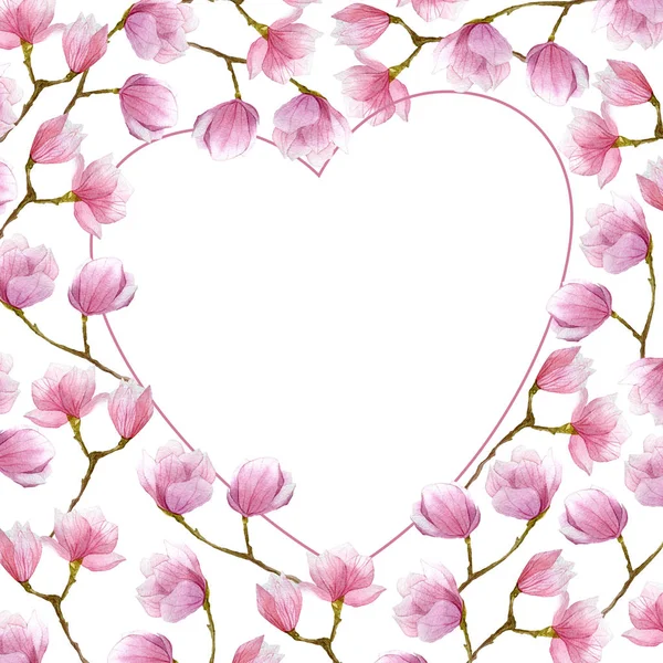 Aquarell-Magnolienrahmen in Herzform für Valentinstag. Grußkartendesign. — Stockfoto