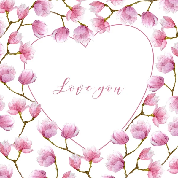 Akvarell magnolia gratulationskort för alla hjärtans dag. — Stockfoto