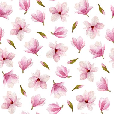 Manolya çiçeği suluboya seamless modeli. El çekilmiş çiçek