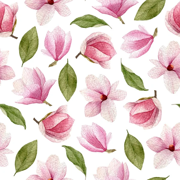 목련 꽃과 레 아와 수채화 봄 완벽 한 패턴 — 스톡 사진