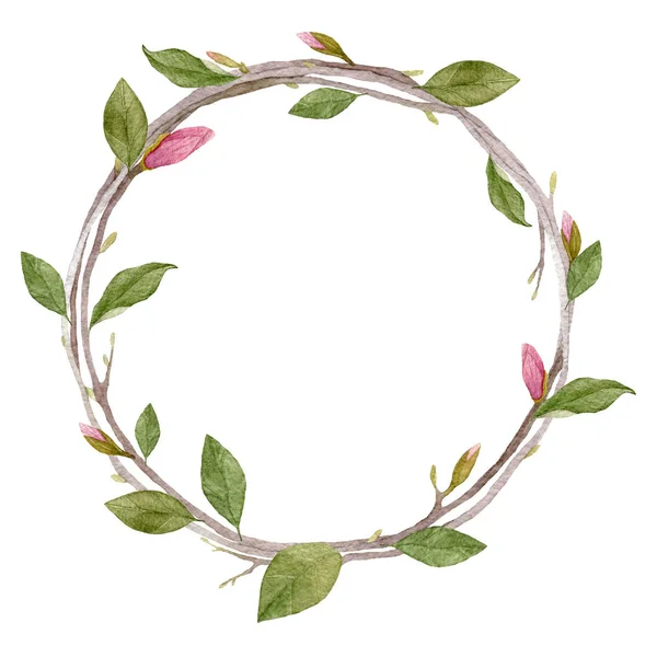 Watercolor wreath  with leaves,buds and branches isolated on whi — Stock Photo, Image