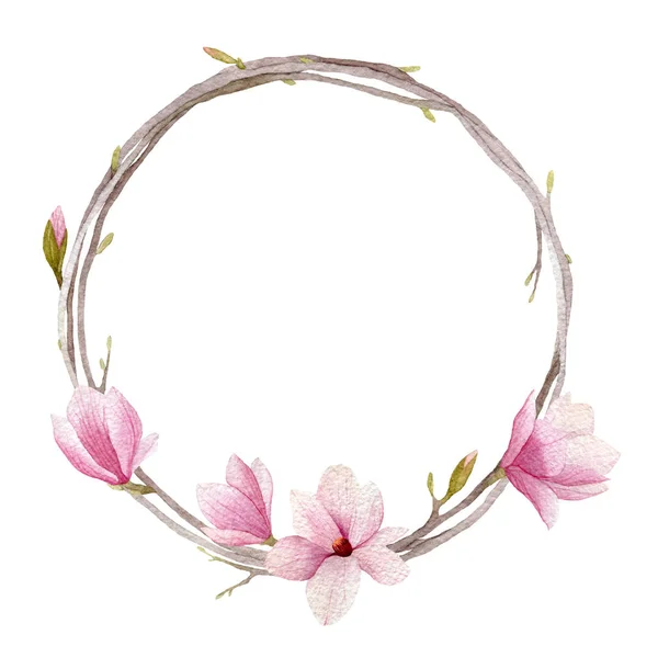 Watercolor magnolia wreath with branches,buds and flowers isolat — Stock Photo, Image