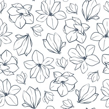 Grafik Manolya çiçek ve tomurcukları. Vektör bahar seamless modeli. Yetişkinler ve çocuklar için boyama kitabı sayfa tasarım.