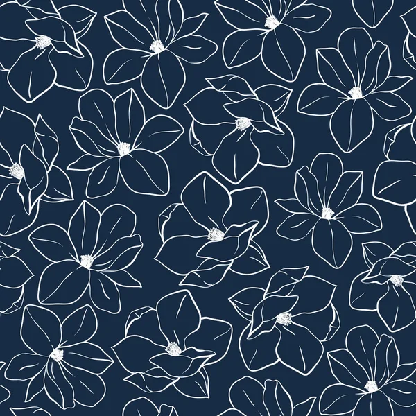 Trendiges nahtloses Blumenmuster mit Magnolienblüten auf tiefblauer Farbe. Vektor handgezeichnete Illustration für Druck, Textil, Packpapier. — Stockvektor