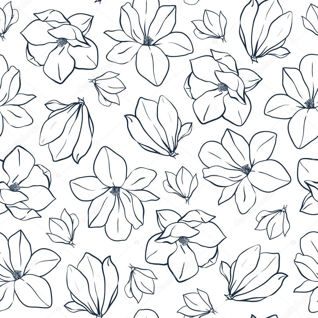 Graphic magnolia flowers and buds. Vector spring seamless pattern. Coloring book page design for adults and kids.