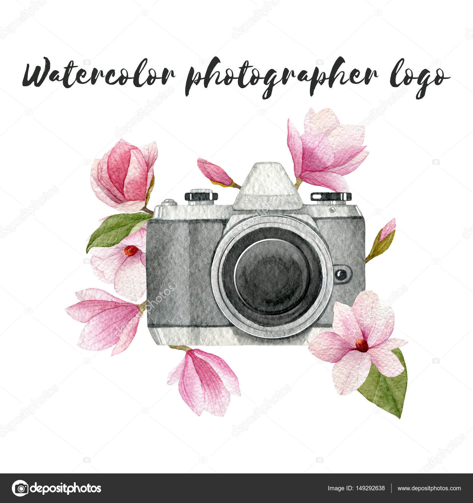 ビンテージ写真カメラとマグノリアの花を水彩写真ロゴ。白い背景に分離