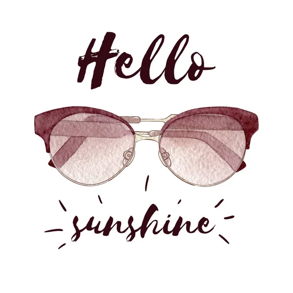 Ilustración de moda en acuarela con gafas de sol aisladas sobre fondo blanco y letras . — Foto de Stock