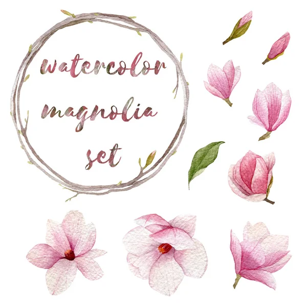 Σετ ακουαρέλας magnolia. Άνοιξη χέρι στοιχεία για το σχεδιασμό σας. Λουλούδια, μπουμπούκια, στεφάνι και άνθη δέντρο magnolia φύλλα. — Φωτογραφία Αρχείου