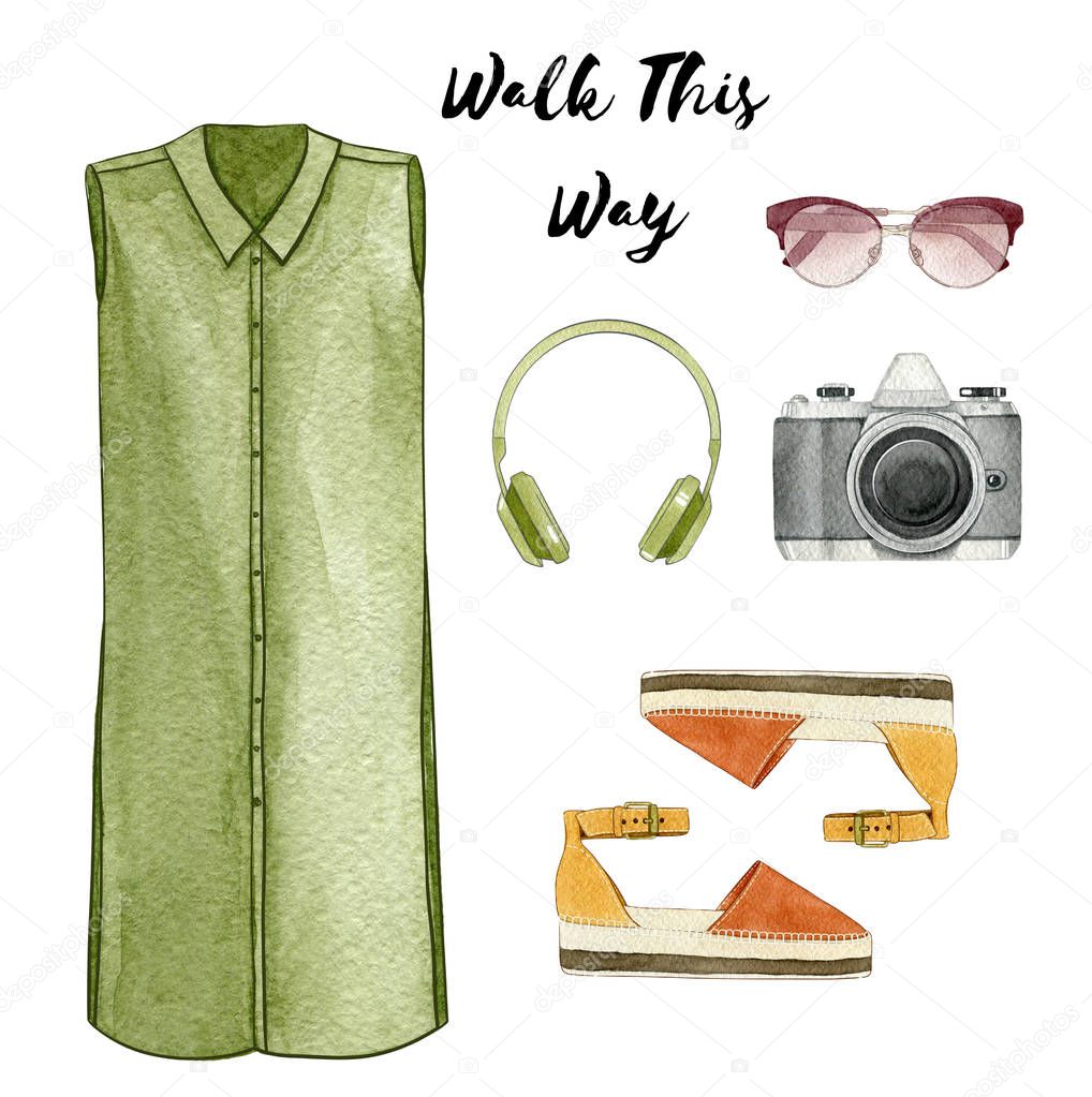 Watercolor fashion illustration. Set of trendy outfit and accessories: dress, headphones,photo camera,sunglasses and espadrilles.