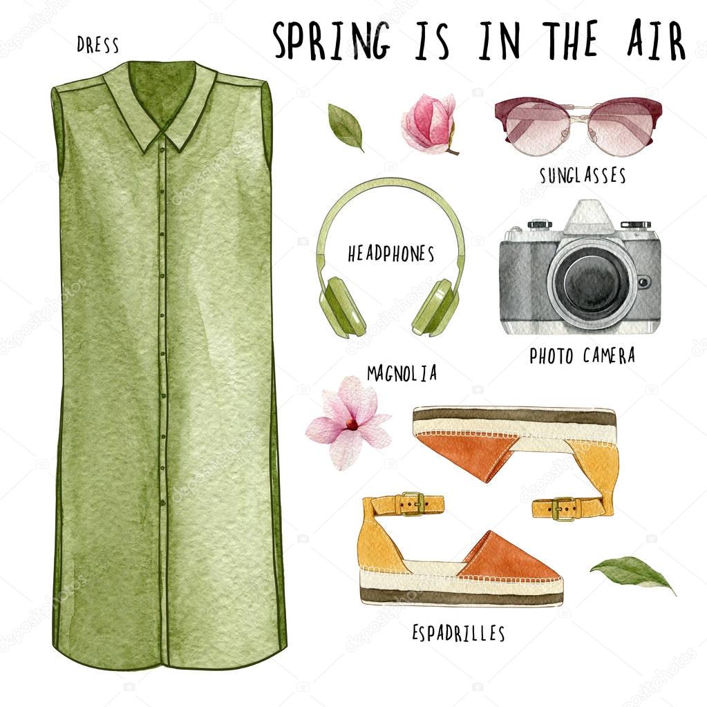 Watercolor fashion illustration. Set of trendy outfit and accessories: dress, headphones,photo camera,sunglasses,espadrilles and magnolia flowers.