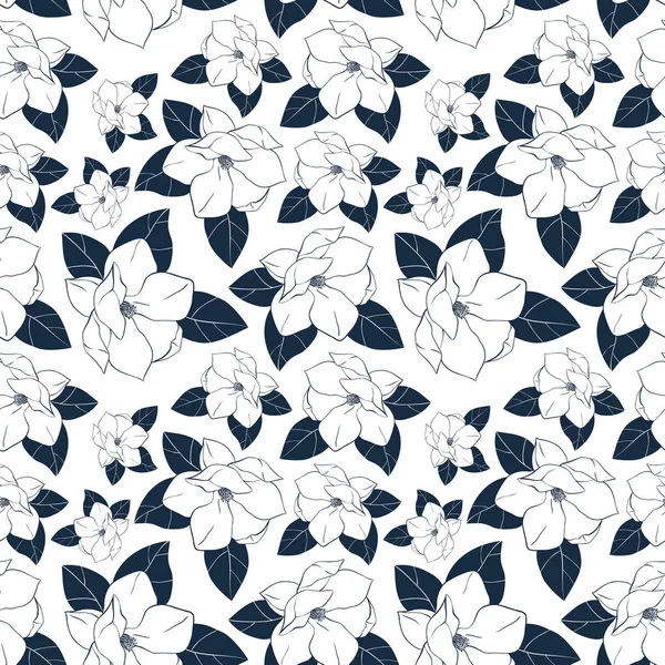 Trendiges, nahtloses Blumenmuster mit Magnolienblüten und -blättern. Vektor handgezeichnete Illustration für Druck, Textil, Packpapier. — Stockvektor