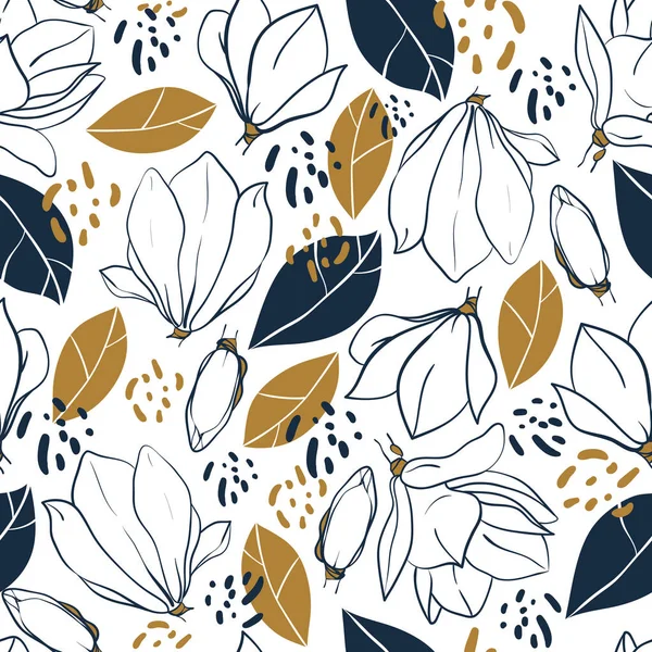 Magnolienblüten, Knospen, Blätter und Dschungelflecken. Vektor trendiges nahtloses Muster in tiefblauen und senffarbenen Farben. — Stockvektor