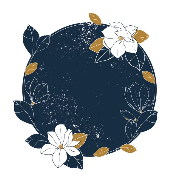 Magnolia vector round frame. Vintage hand drawn illustration with magnolia flowers,buds and leaves on shabby deep blue background. — Stock Vector