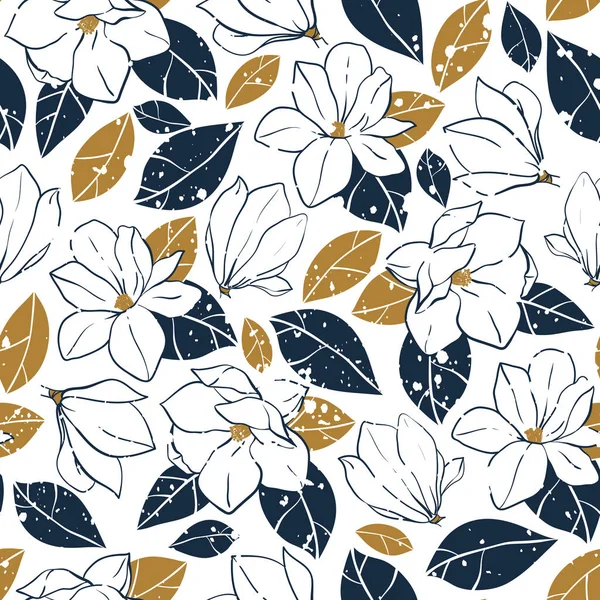 Vector trendy naadloze patroon met botanische elementen in vintage stijl. Magnolia bloemen, knoppen en laat in kleuren van het diepe blauw en mosterd. — Stockvector