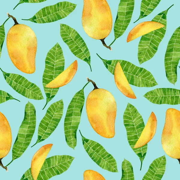 Watercolor summer seamless pattern with mango fruits and leaves on turquoise background. Tropical design for print,textile,wrapping paper. — Stock Photo, Image