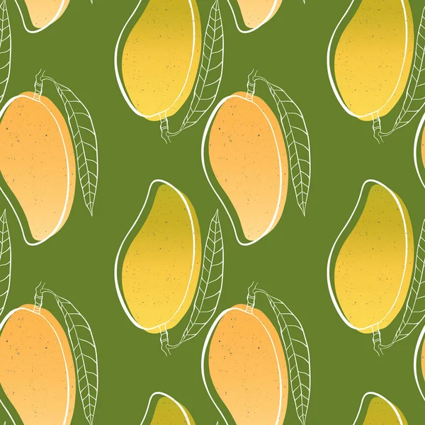 Padrão tropical sem costura vetorial com manga em fundo verde.Design desenhado à mão para têxteis, papel de embrulho, brochuras, menu de restaurante e market.Vietnamese fruta . — Vetor de Stock