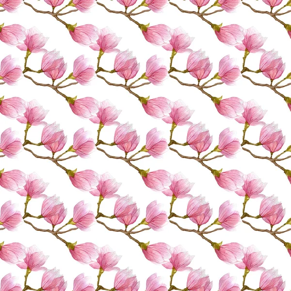 Aquarell Magnolienblüten Textur. Aquarell von Hand gezeichnete nahtlose Muster. Federdesign für Verpackung, Stoff, Textil, Tapeten und Verpackungsdesign. — Stockfoto