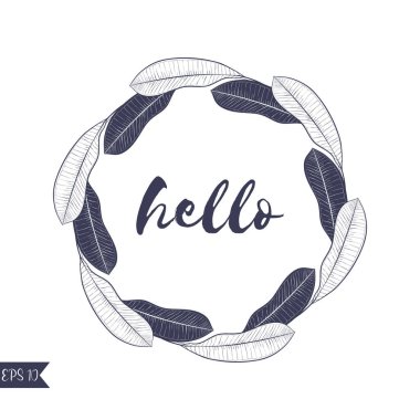 Derin mavi ve beyaz renklerde grafik tropikal çelenk. Trendy vektör ele esnaf mango meyve yaprakları ve yazı ile çekin. Davetiye, tebrik kartları, posterler ve daha fazla bilgi için şablon.