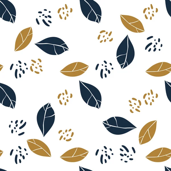 Hojas de magnolia gráfica y manchas selváticas. Patrón sin costuras de moda vectorial en azul profundo y colores mostaza. Diseño textil . — Archivo Imágenes Vectoriales