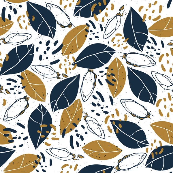 Handgezeichnete botanische nahtlose Muster mit Blättern, Knospen und Flecken. Vintage-Vektorhintergrund für Druck, Textil, Packpapier. — Stockvektor