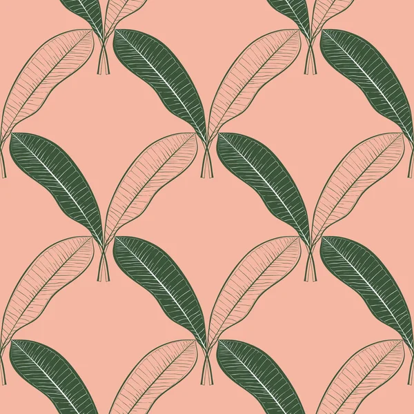 Patrón sin costuras de una gran cantidad de hojas de mango aisladas sobre fondo de melocotón. Arte de línea vectorial dibujado a mano. Diseño de verano . — Archivo Imágenes Vectoriales