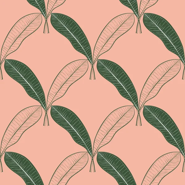 Seamless pattern of a lot of mango leaves isolated on peach background. Hand drawn vector line art. Summer design.