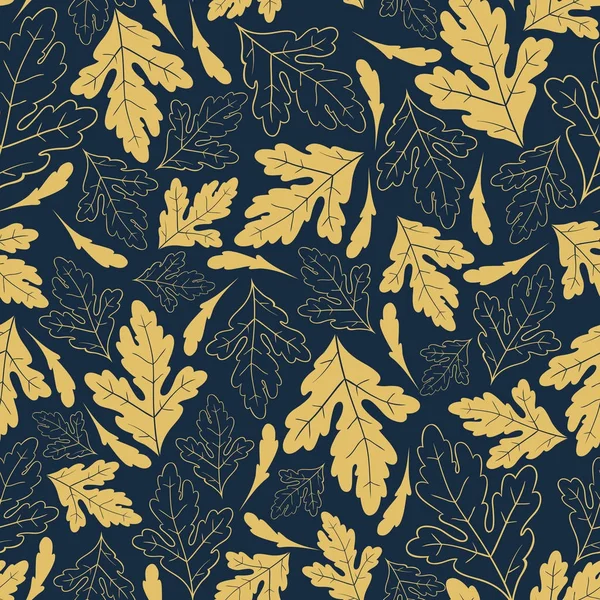 Herbst nahtloses Muster mit goldenen Blättern auf tiefblauem Hintergrund. — Stockvektor
