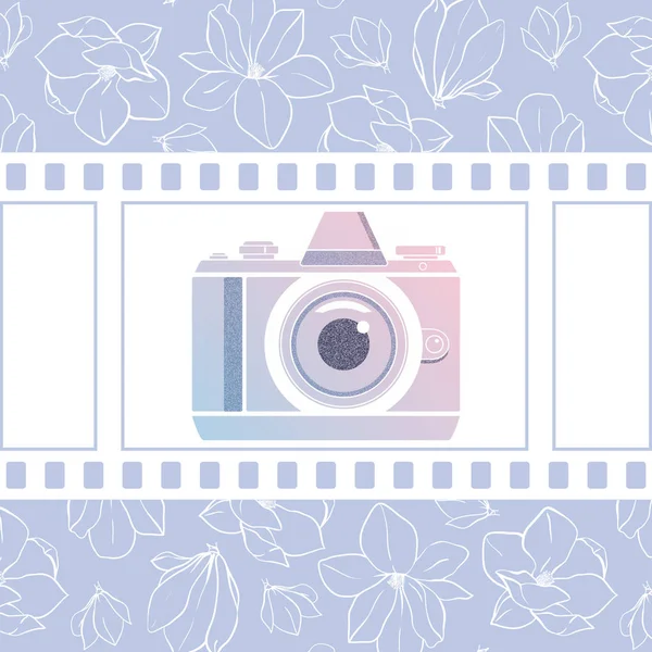 Elemento de design do fotógrafo para logotipo, rótulo, crachá e outros. Flores de magnólia, fotocâmera retro e filme em cores da moda. Ilustração vetorial . — Vetor de Stock