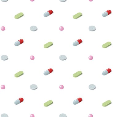 Farklı ilaç, tablet, kapsül ve tıbbî ilaçlarla izole edilmiş. Vektör tıbbi geçmişi.