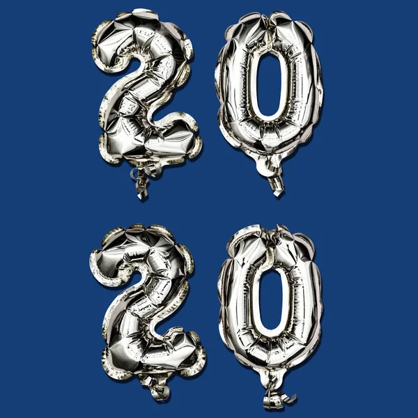 The new color trend of 2020 year. Vertical Christmas composition of number 2020 foil balloons on a classic blue background. — Stock Photo, Image