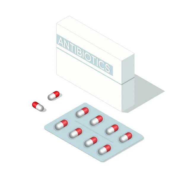 Apothekenkonzept. Blister von Antibiotika-Pillen isoliert auf weißem Hintergrund. Bild der modernen 3D-Isometrie. — Stockvektor