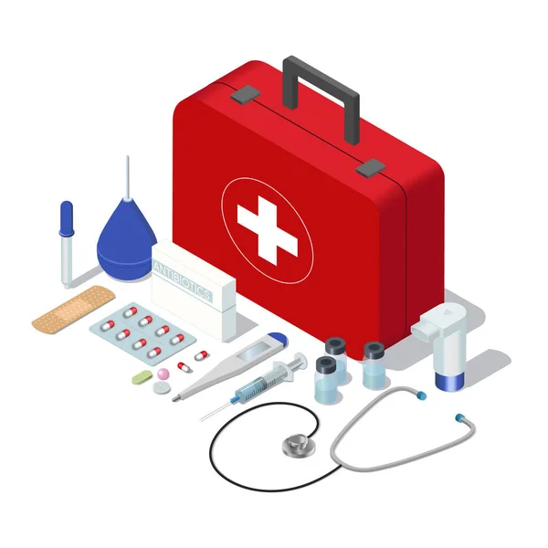 Isometrisk uppsättning isolerade läkare fall första hjälpen kit verktyg och läkemedel. Vektor webb infographics koncept. — Stock vektor