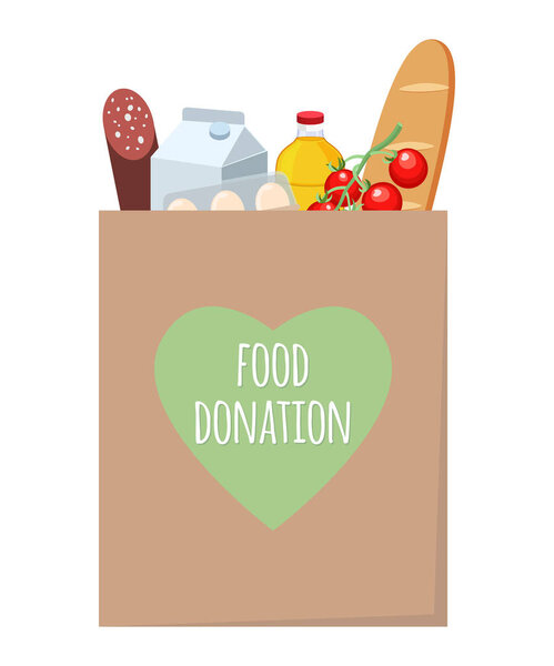 Food donation concept. Vector food donation craft bag with different products in it. Delivery of the product during quarantine.