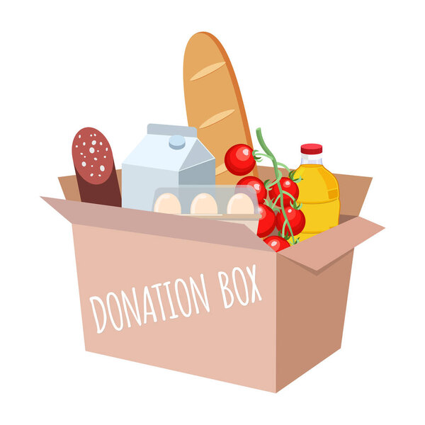 Box with different food and products for help. Support social care, volunteering and charity concept. Cartoon flat vector illustration.