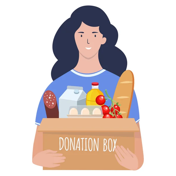 Egy fiatal nő cipel magával egy doboz ételt. Szociális gondozás, önkéntesség és jótékonyság. Lapos vektor illusztráció elszigetelt fehér háttér. — Stock Vector