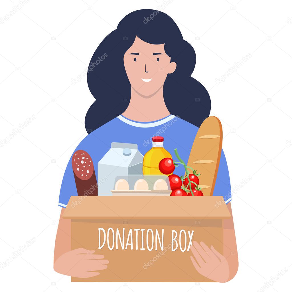 Young woman carries a box of food. Social care, volunteering and charity concept. Flat vector illustration isolated on white background.